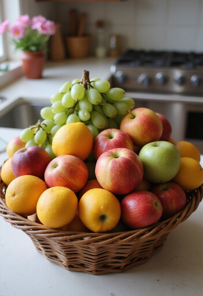 20 Budget-Friendly Kitchen Counter Corner Decor Ideas You Can DIY! - 19. Charming Fruit Basket Display