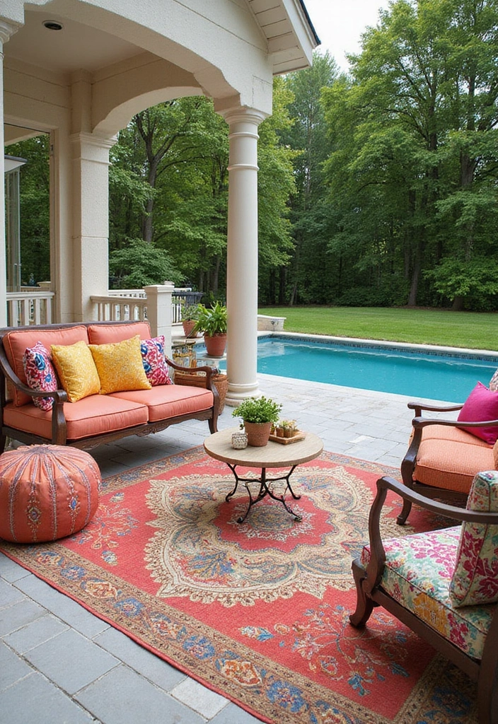 27 Budget-Friendly Backyard Pool & Patio Ideas That Will Transform Your Summer! - 5. Colorful Area Rugs