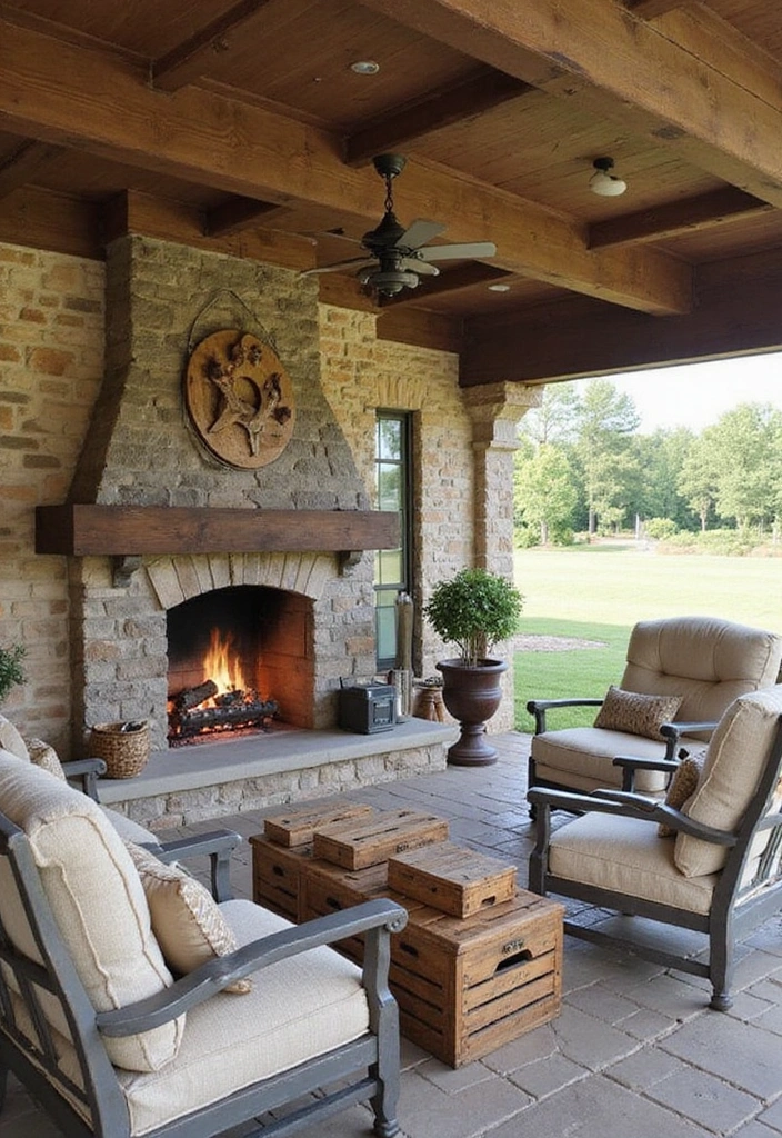 18 Small Outdoor Covered Patios with Fireplaces Perfect for Cozy Gatherings! - 5. Farmhouse Feel with a Large Hearth