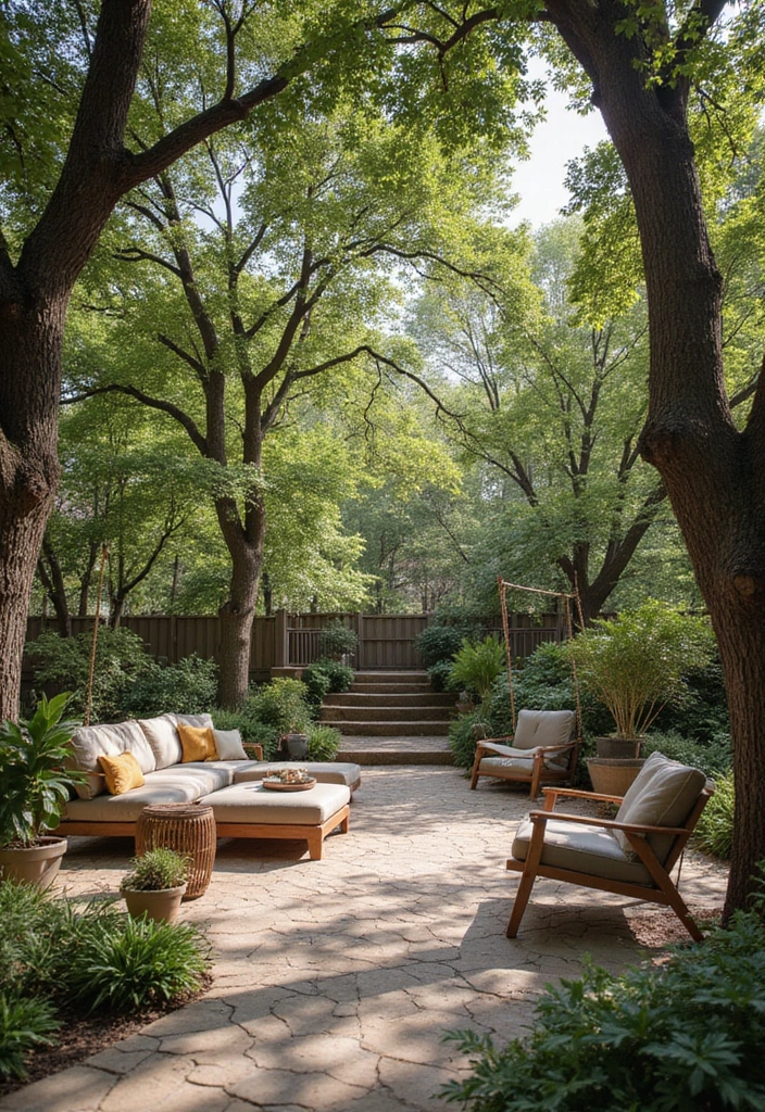 15 Nature-Inspired Wooded Backyard Landscape Designs You’ll Want to Copy ASAP! - 4. Tree Canopy Lounge