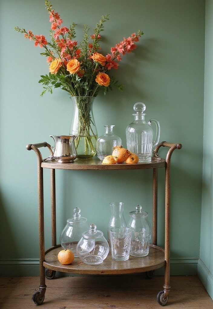 20 Vintage Sage Green Kitchen Ideas That Embody Timeless Charm! - 16. Vintage Bar Carts