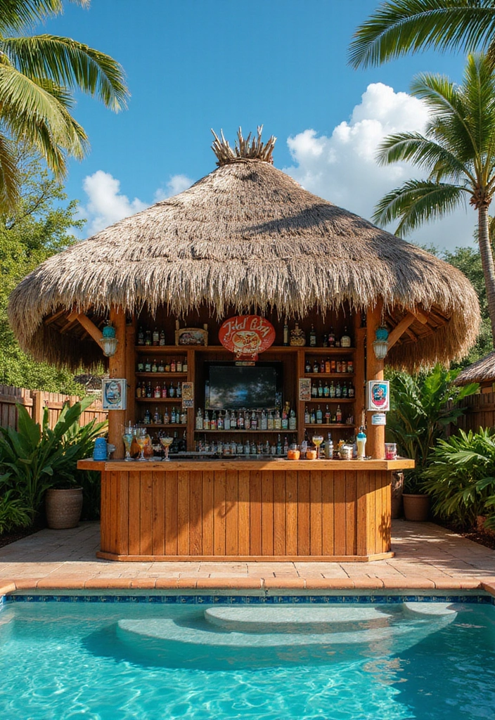 16 Genius Small Outdoor Kitchen Ideas for Pool Areas That Maximize Fun! - 2. Poolside Tiki Bar
