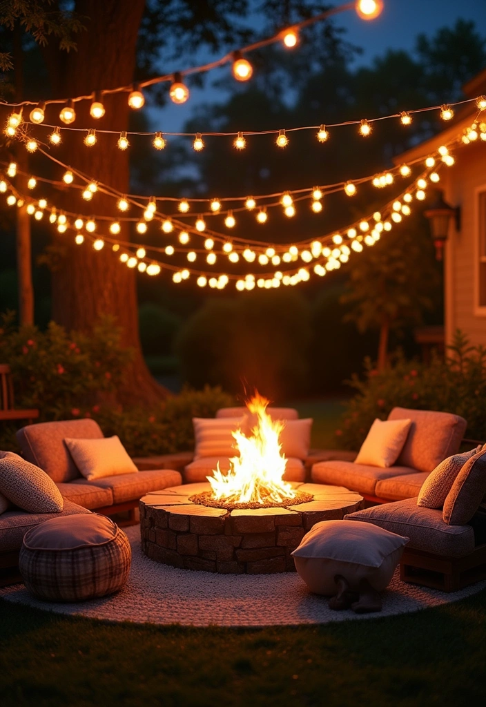 20 Cozy Outdoor Fire Pit Seating Area Ideas That Will Make You Want to Live Outside! - 11. Twinkling Fairy Light Fire Pit Area