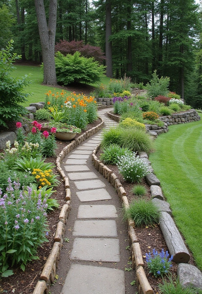 22 Rustic Sloped Backyard Landscaping Ideas on a Budget You Can't Miss! - 7. Rustic Edging with Logs