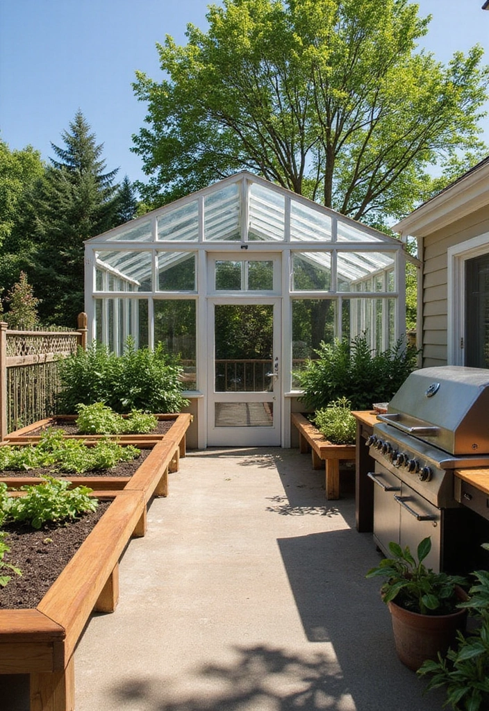 20 Outdoor Kitchen Deck Ideas That Will Wow Your Guests at Every Gathering! - 19. Greenhouse Kitchen Deck
