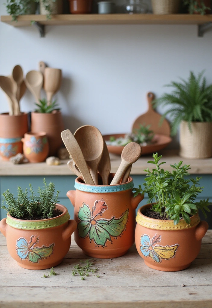 20 Budget-Friendly Kitchen Counter Corner Decor Ideas You Can DIY! - 6. Painted Terracotta Pots