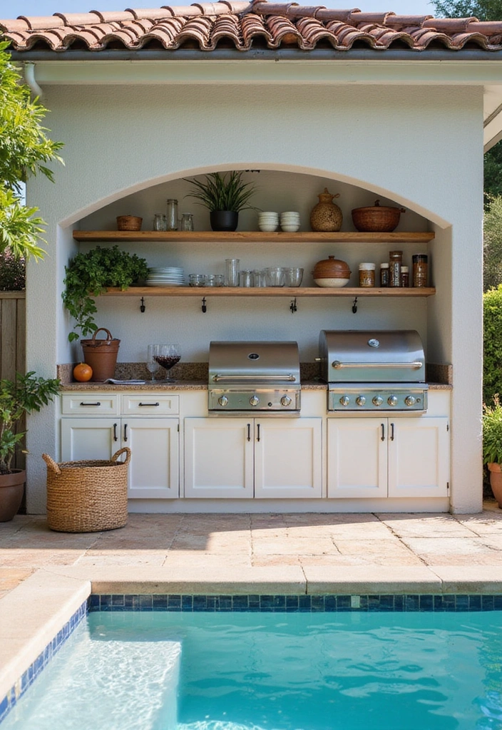 16 Genius Small Outdoor Kitchen Ideas for Pool Areas That Maximize Fun! - 14. Simple Storage Solutions