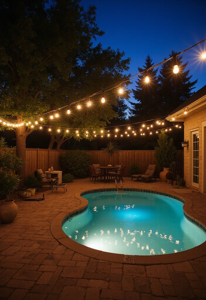 27 Budget-Friendly Backyard Pool & Patio Ideas That Will Transform Your Summer! - 2. String Lights for Evening Ambiance
