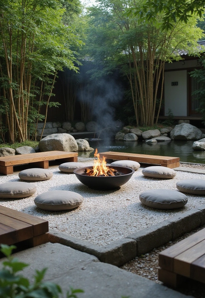 20 Cozy Outdoor Fire Pit Seating Area Ideas That Will Make You Want to Live Outside! - 15. Asian-Inspired Zen Fire Pit Area
