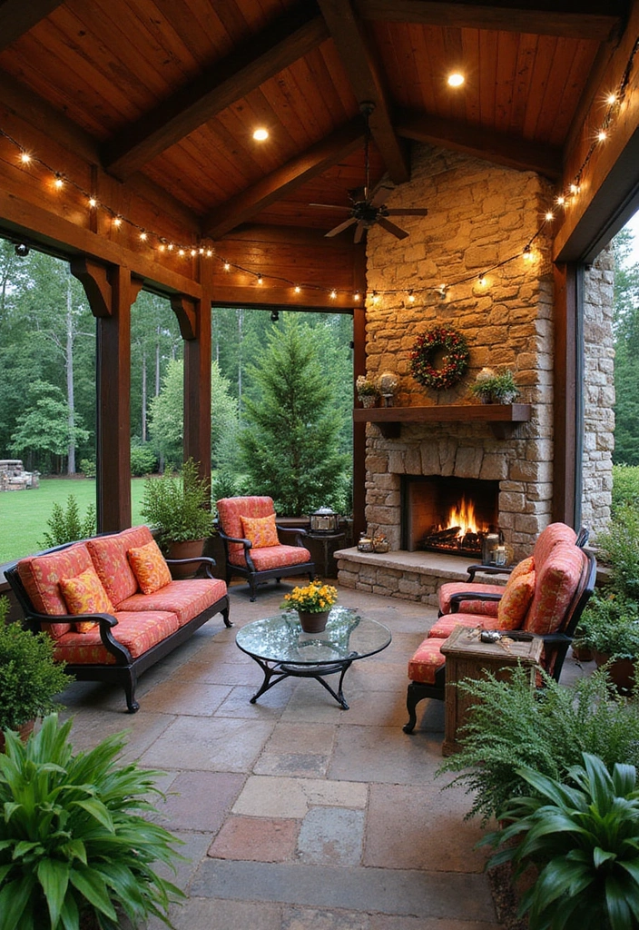 18 Small Outdoor Covered Patios with Fireplaces Perfect for Cozy Gatherings! - 1. Rustic Charm with a Stone Fireplace