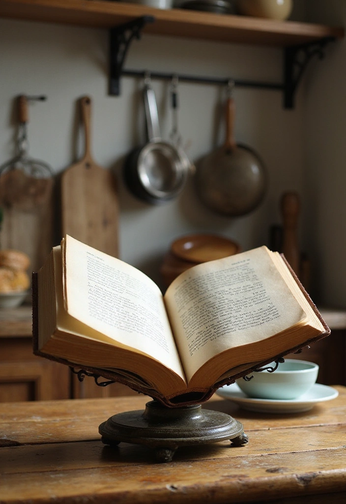 20 Budget-Friendly Kitchen Counter Corner Decor Ideas You Can DIY! - 5. Vintage Cookbook Stand