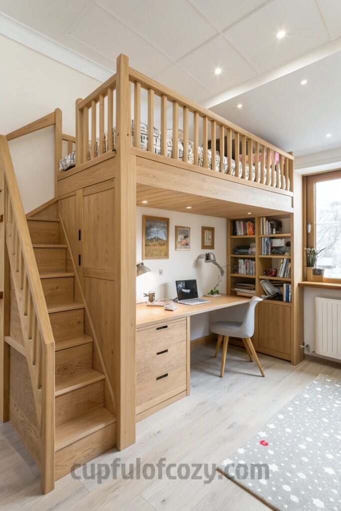 cozy-study-space-under-a-wooden-loft-bed
