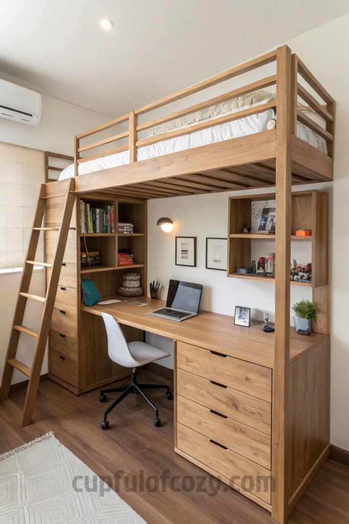 cozy-study-space-under-a-wooden-loft-bed