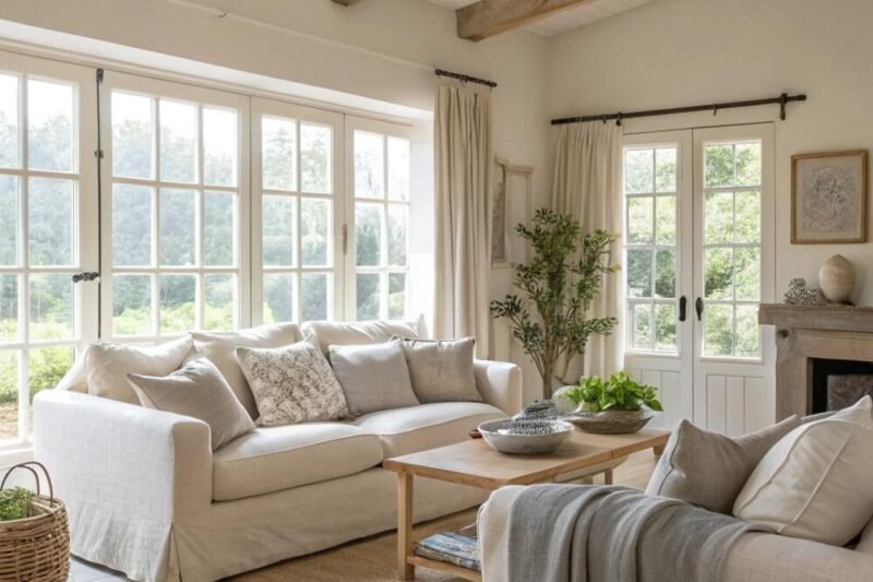 10 Cozy Farmhouse Living Rooms with Matching Sofas That Make Movie Nights More Comfortable