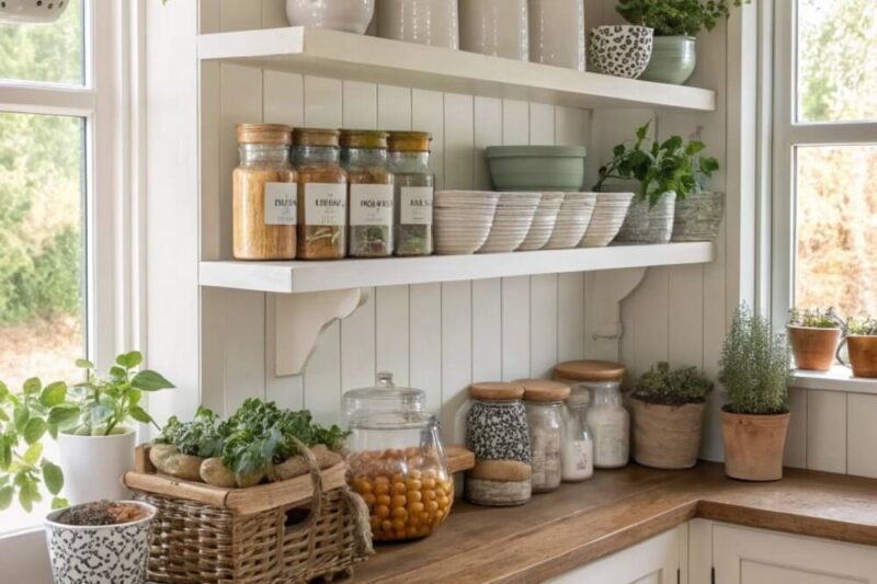 10 Genius & Stylish Farmhouse Open Shelf Ideas for Kitchen Storage – Mixing Glass, Wood, Greenery & Ceramic