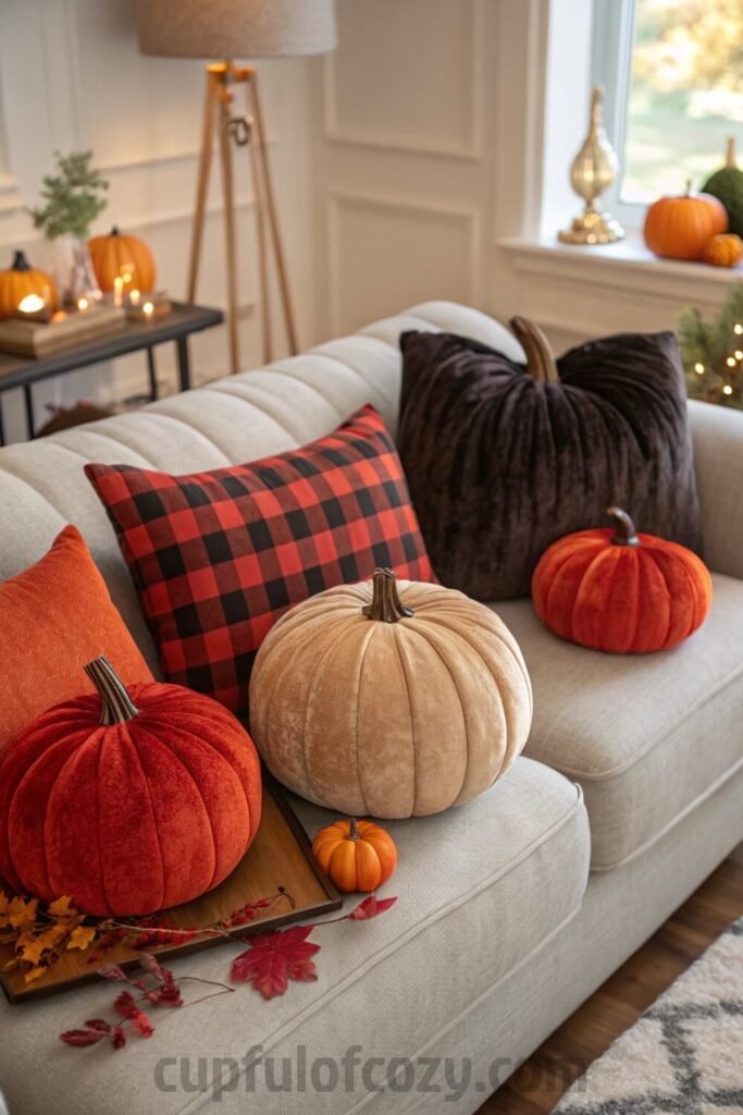 pumpkin-themed-throw-blankets-and-pillows-on-couch (1)