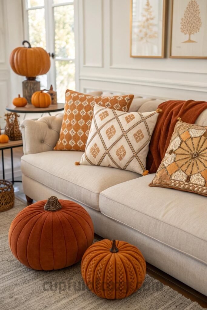 pumpkin-themed-throw-blankets-and-pillows-on-couch (1)