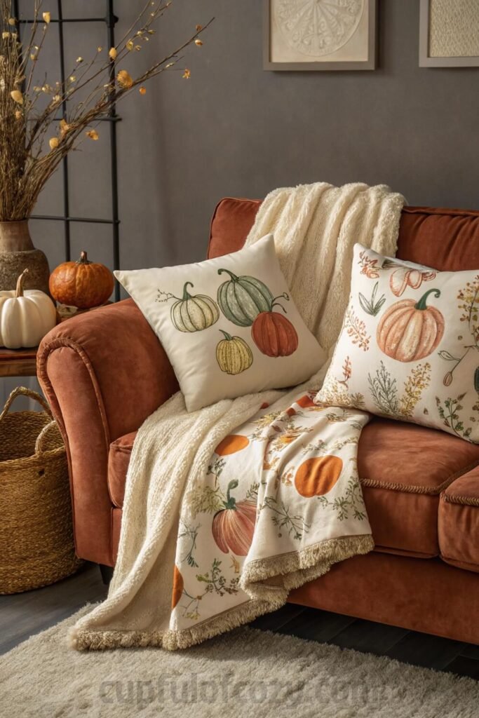 pumpkin-themed-throw-blankets-and-pillows-on-couch (1)