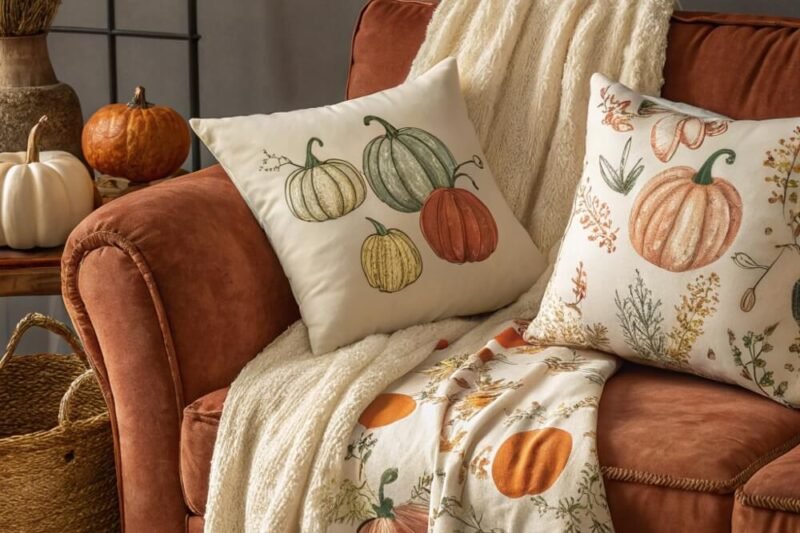 12 Pumpkin-themed Throw Blankets and Pillows On Couch Ideas that make Living Room Feel Cozy & Festive