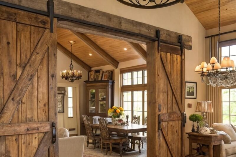 12 Rustic Farmhouse Open Living Room and Dining Room Combos