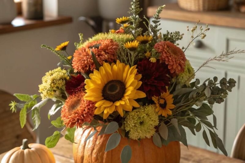 How to Make a DIY Rustic Thanksgiving Floral Arrangements with Pumpkins & Greenery in 10 Minutes