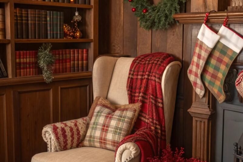 10 Vintage Christmas Reading Nook with Stockings, Slippers & Styled Shelves for Nostalgic Vibes