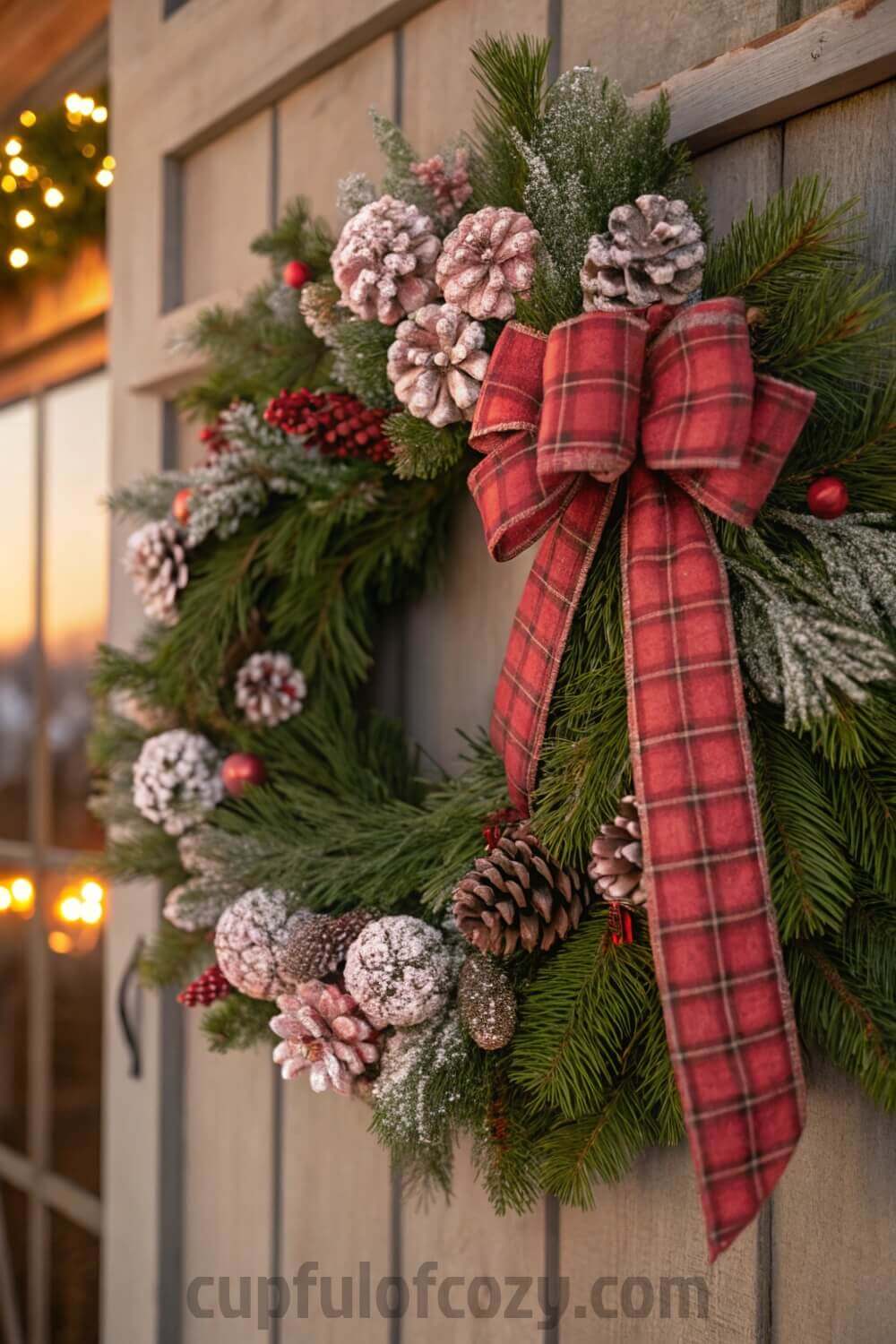 pink-christmas-wreath-with-oversized-plaid-bows-an