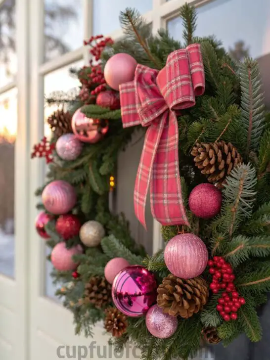 11 Statement Pink Christmas Wreath Ideas with Oversized Plaid Bows and Pinecones That’ll Make Your Front Door the Talk of the Neighborhood