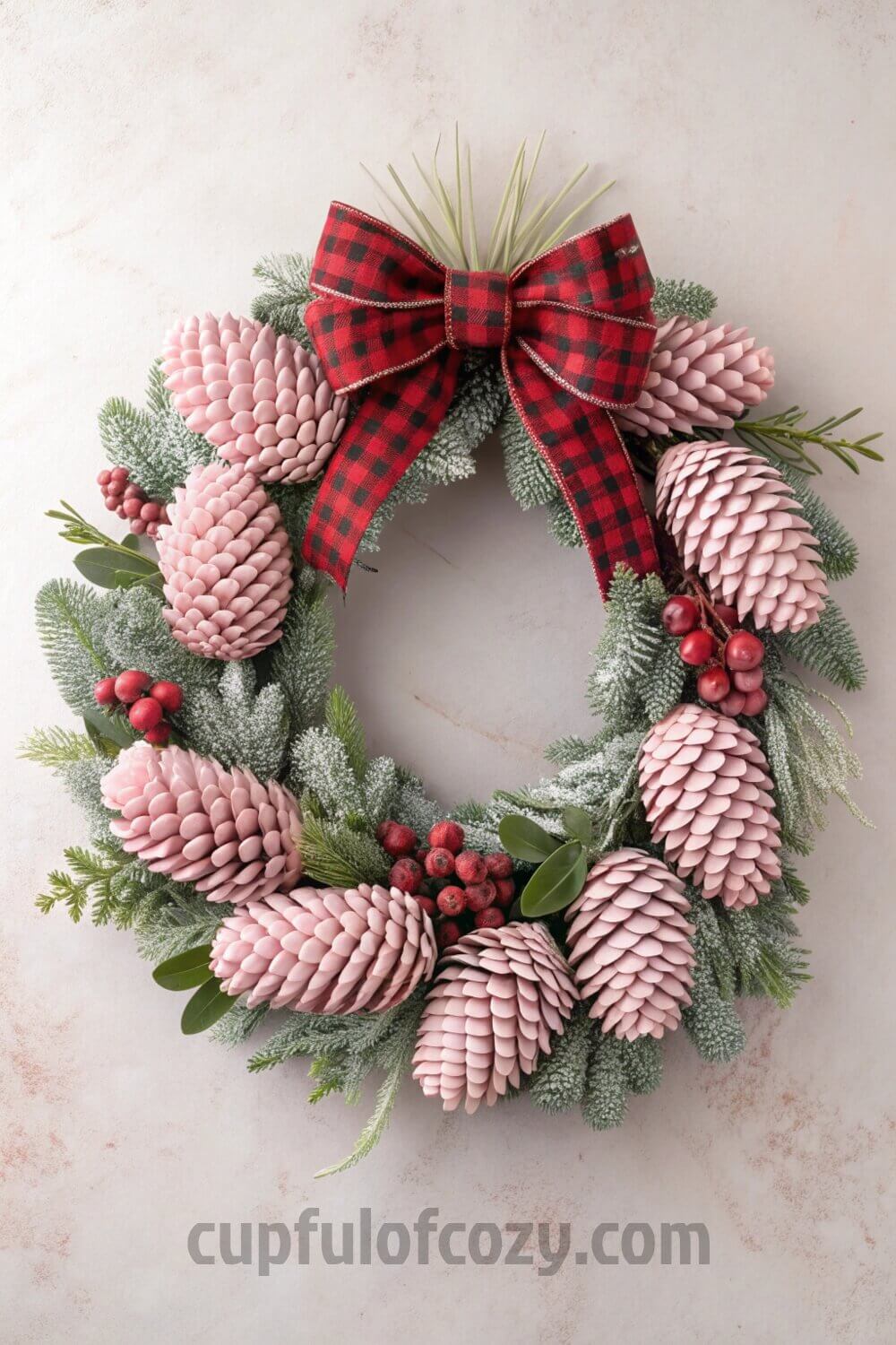 pink-christmas-wreath-with-oversized-plaid-bows-an
